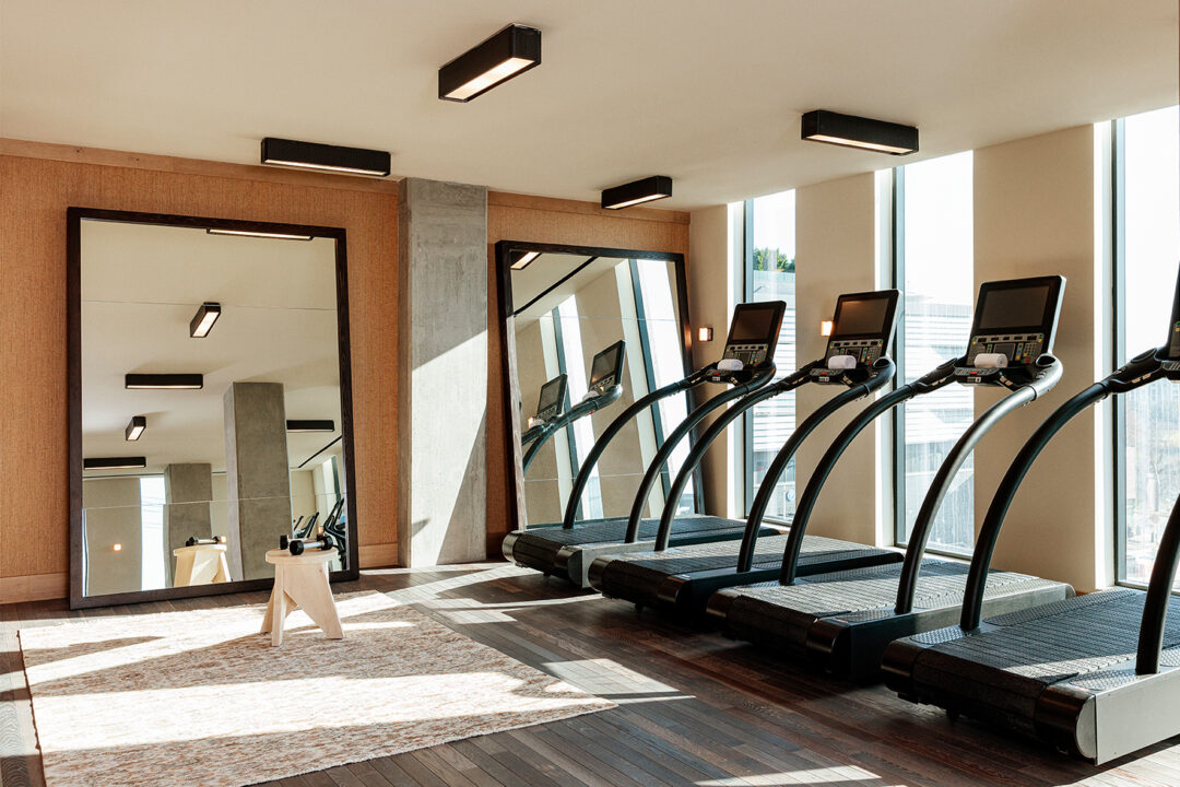 Modern fitness studio with weight benches, treadmills, dumbbells, and strength training equipment