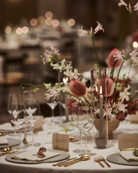Close up of table setting in Canela Ballroom during wedding ceremony