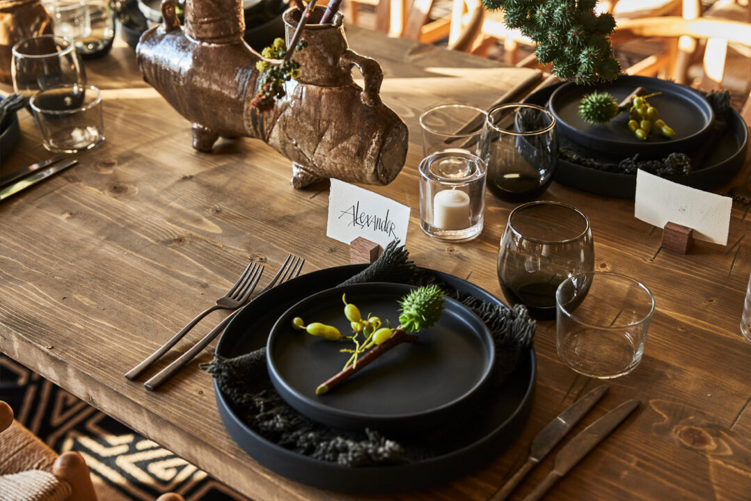 Elegant private dining table setting with artisan decor and modern event styling for intimate gatherings