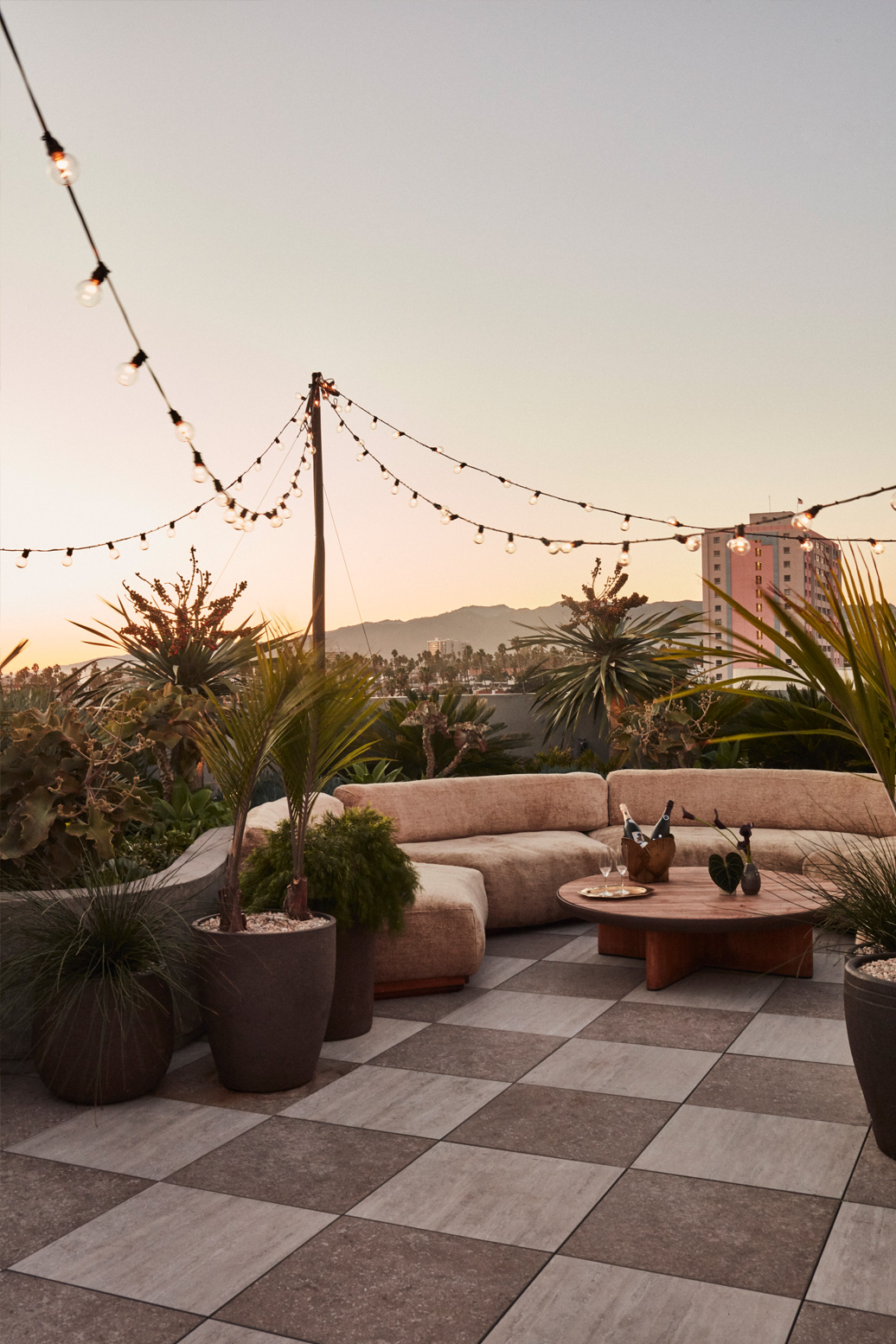 Rooftop lounge with sunset views and string lights