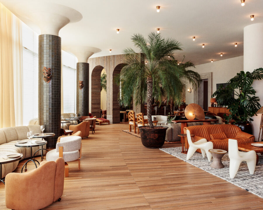 Bright, airy lounge with tropical accents and modern, relaxed seating.