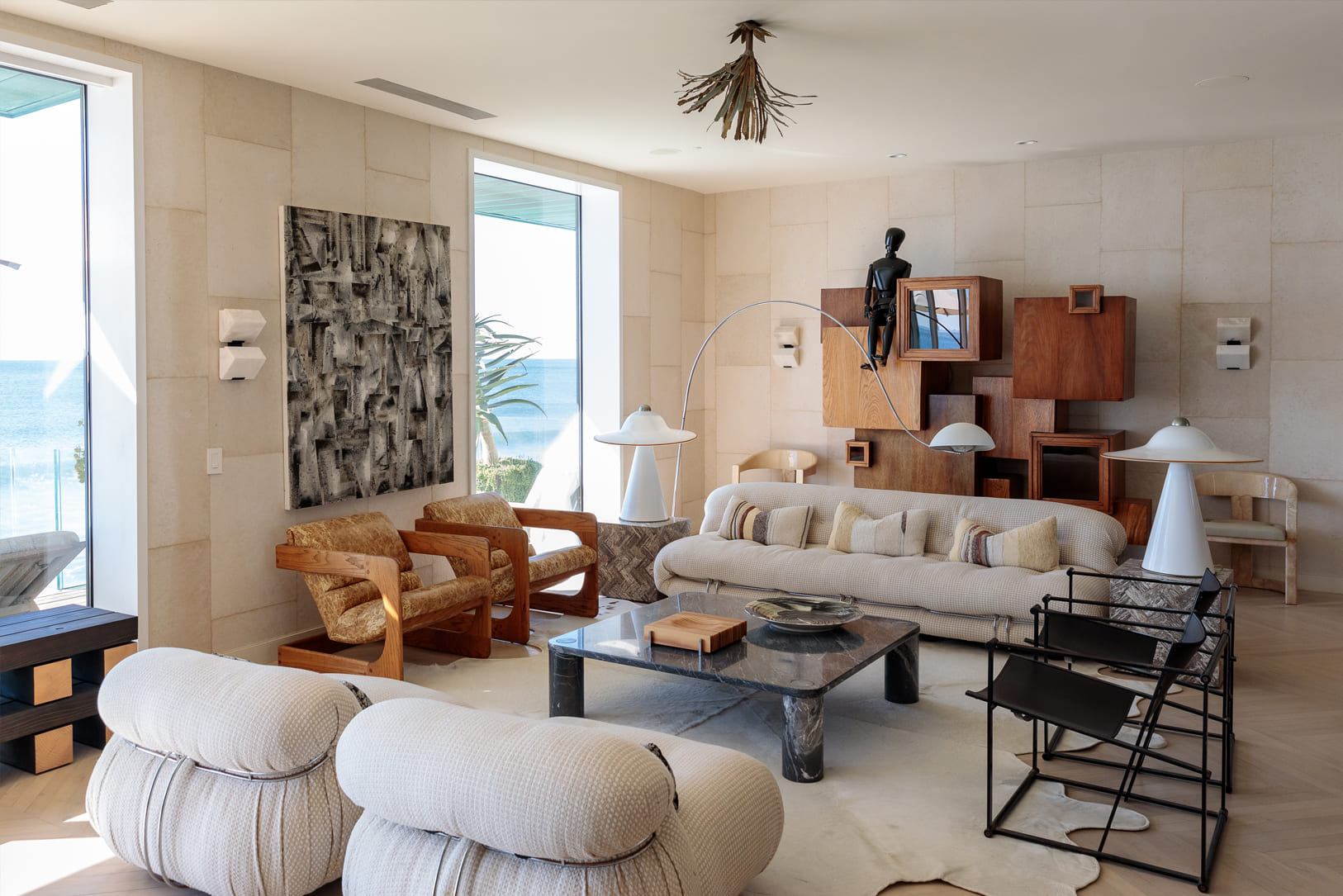 Malibu Beach House ocean front living room with plenty of seating