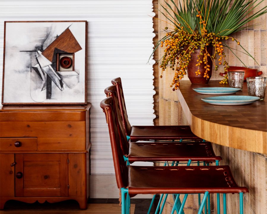 Cozy bar nook with warm wood tones and artful, modern accents.