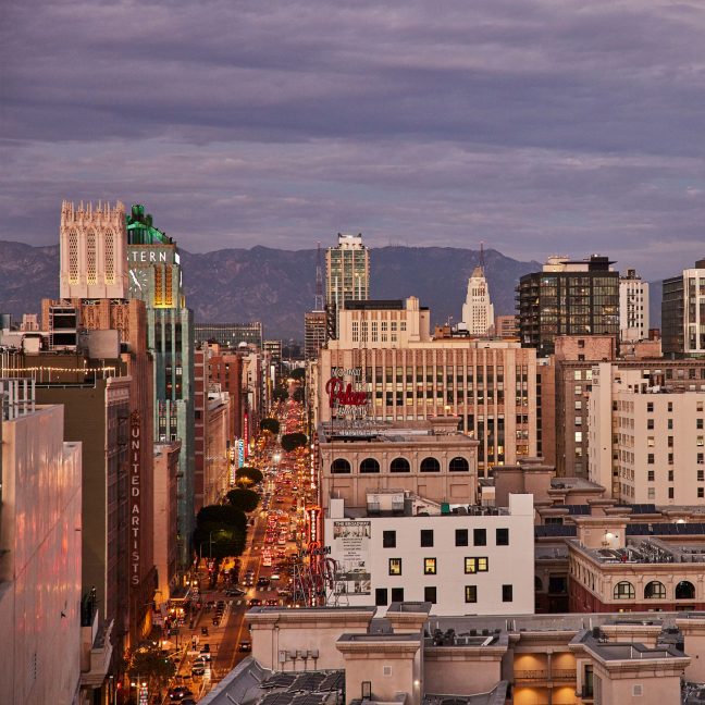 View of downtown la city skyline from rooftop