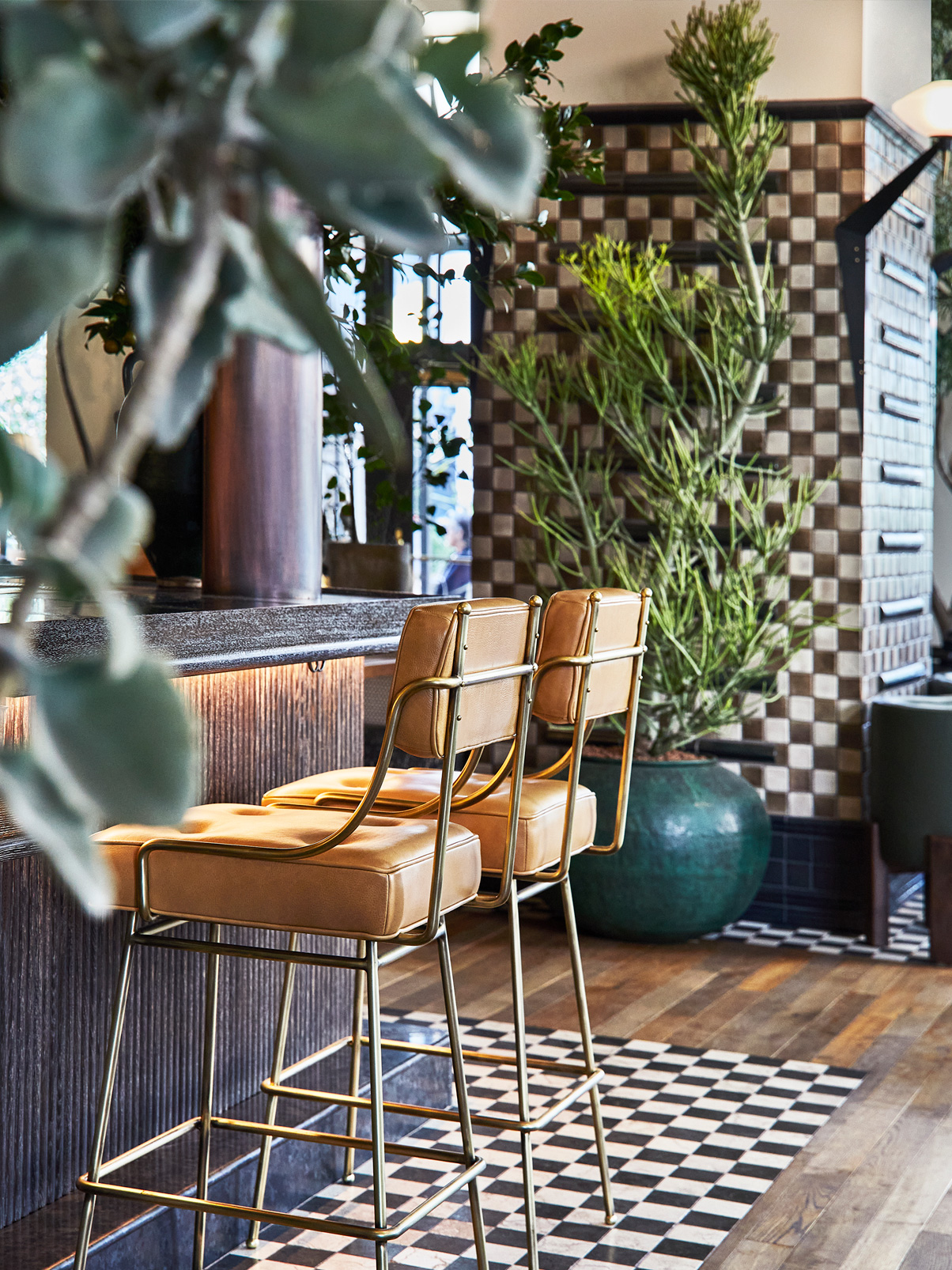 Stylish bar seating with brass accents and lush greenery at Caldo Verde