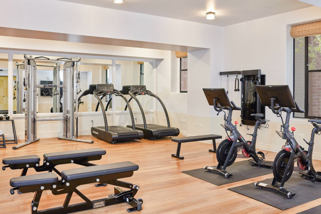 Bright fitness center with treadmills, spin bikes, strength equipment, and free weights