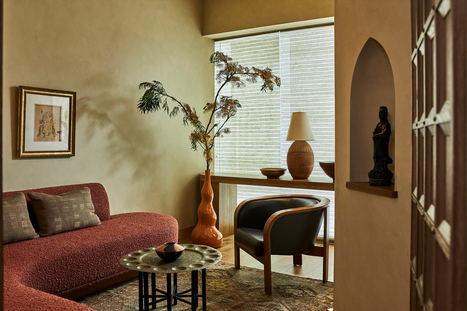 Cozy spa lounge with warm textures and calming interiors