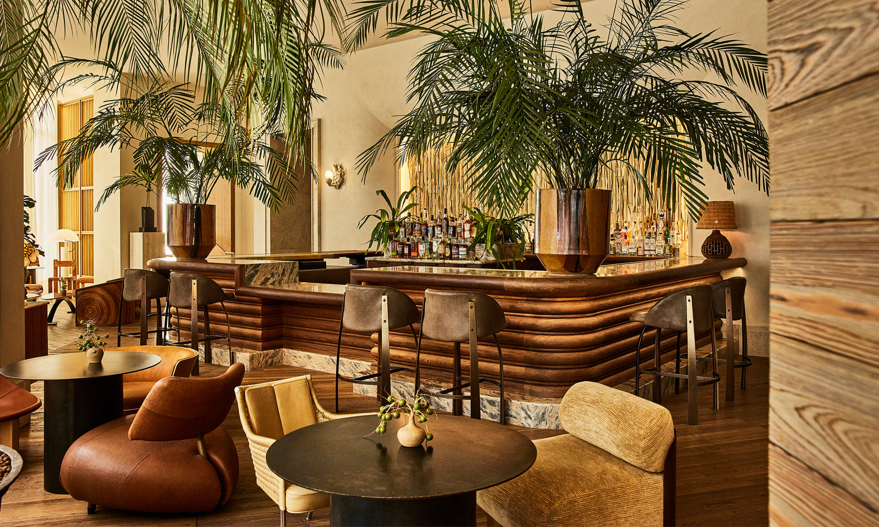 Stylish cocktail bar with tropical palms and warm wood interiors