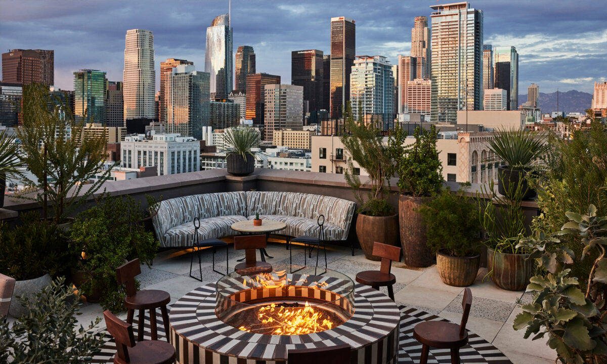 Rooftop lounge with fire pit, city skyline views, and lush greenery.