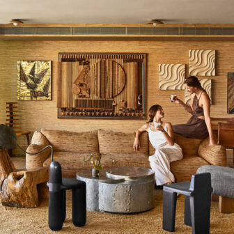 Stylish lounge with natural textures, artful design, and relaxed social vibes.