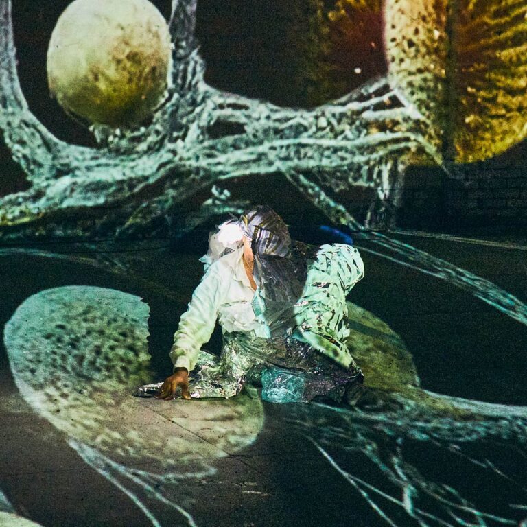 Person interacting with immersive digital art installation featuring abstract organic visuals