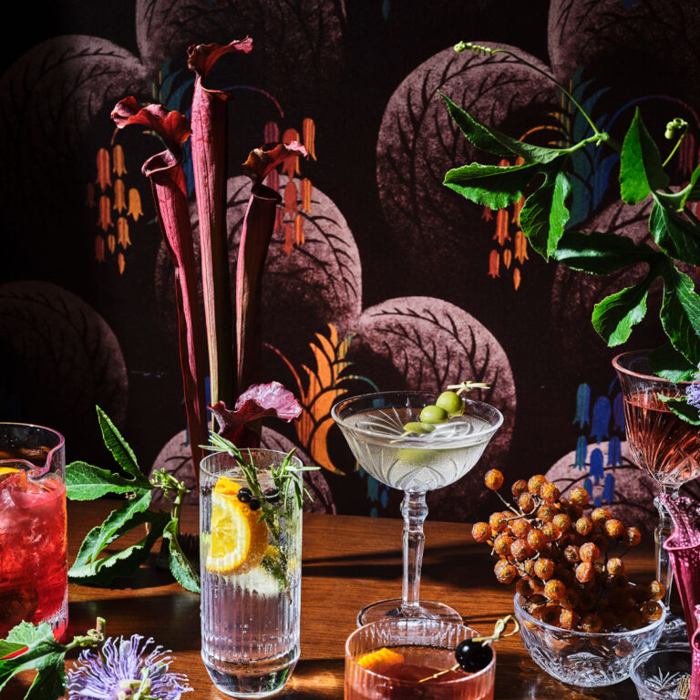 Assorted cocktails and garnishes displayed on a table with decorative backdrop