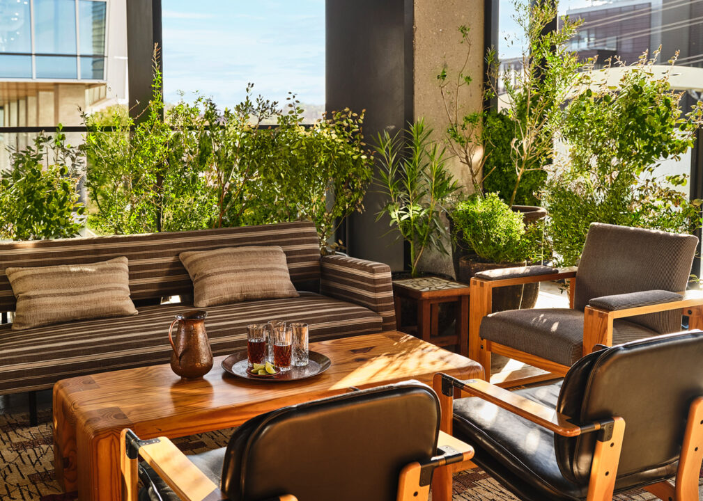 Beautifully arranged seating with a sofa and chair near small potted plants.
