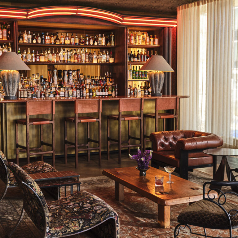 Stylish hotel bar with leather seating, brass counter, and shelves of liquor bottles under warm ambient lighting