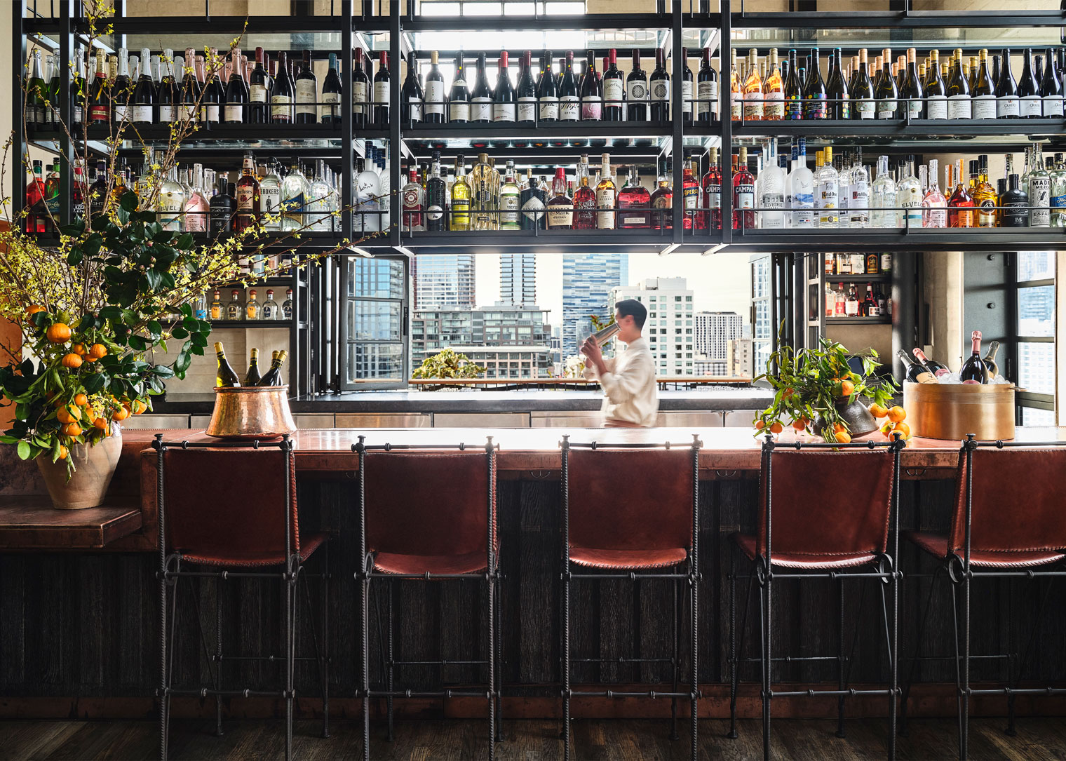 Stylish rooftop Cara Cara bar with city views and curated wine display
