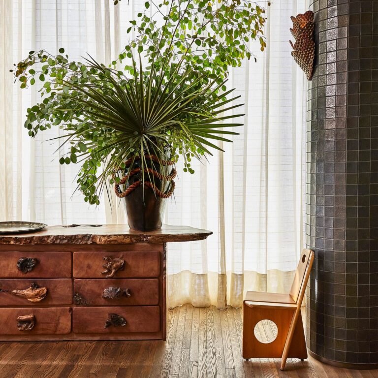 Wood cabinet with plant and chair
