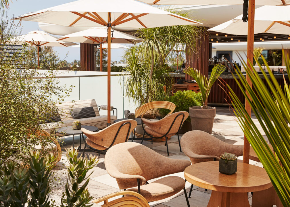 Sunny rooftop lounge with modern seating, umbrellas, and lush greenery