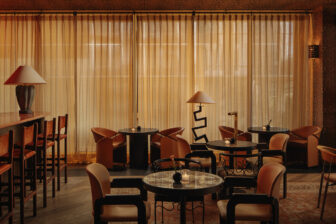 Elegant lounge with soft lighting and sheer curtains