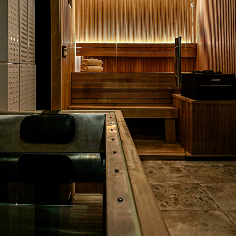 Modern sauna and cold plunge area with wooden interior