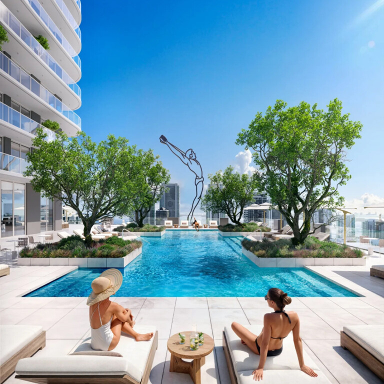 Luxury rooftop pool with skyline views and relaxed ambiance.