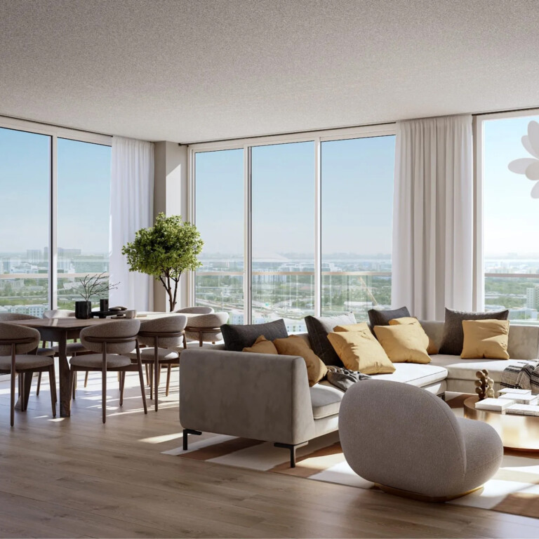 Bright, modern living space with panoramic city views.