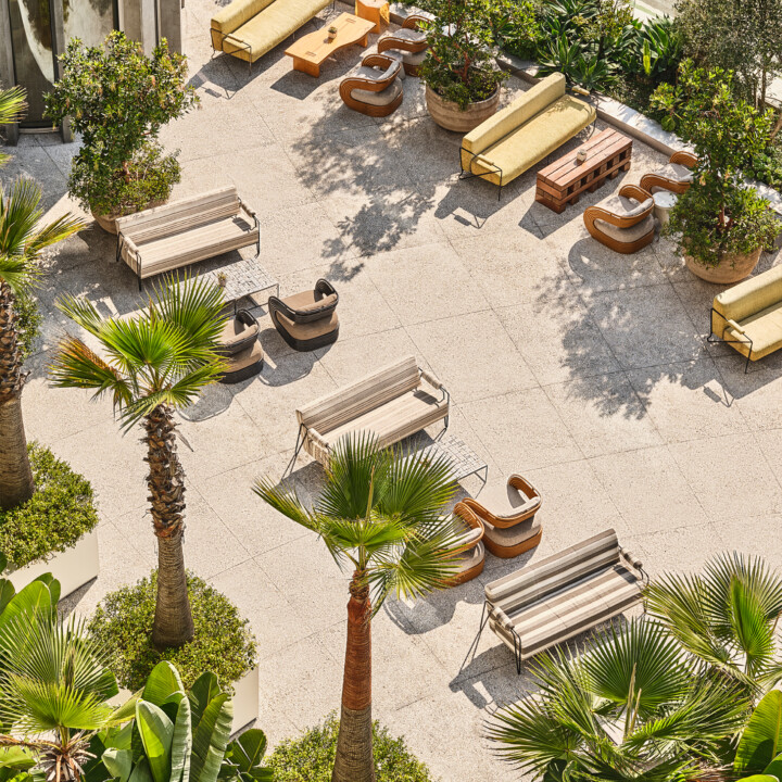 Spacious outdoor courtyard lounge with palm trees and contemporary seating areas