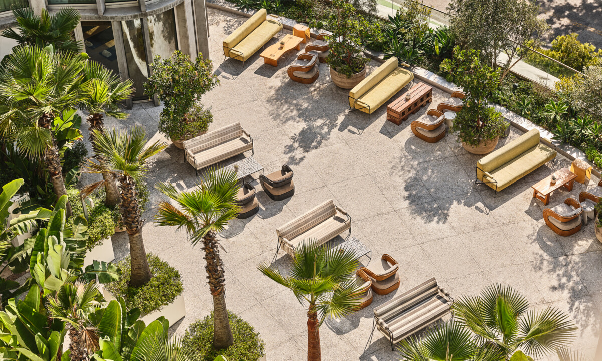 Spacious outdoor courtyard lounge with palm trees and contemporary seating areas