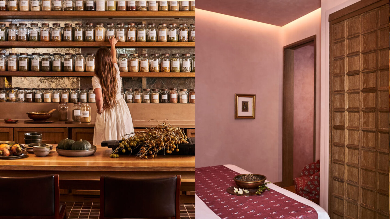 Spa apothecary room with staff selecting herbs from shelves