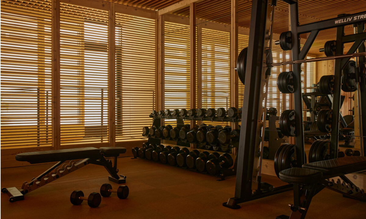 A gym with adjustable bench, dumbbells on the floor, and stacked weights, sunlight streaming through blinds.