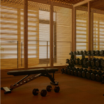 A gym with adjustable bench, dumbbells on the floor, and stacked weights, sunlight streaming through blinds.
