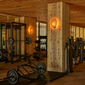 Luxury hotel gym with strength training equipment, warm wood interiors, and inviting wellness-focused ambiance.
