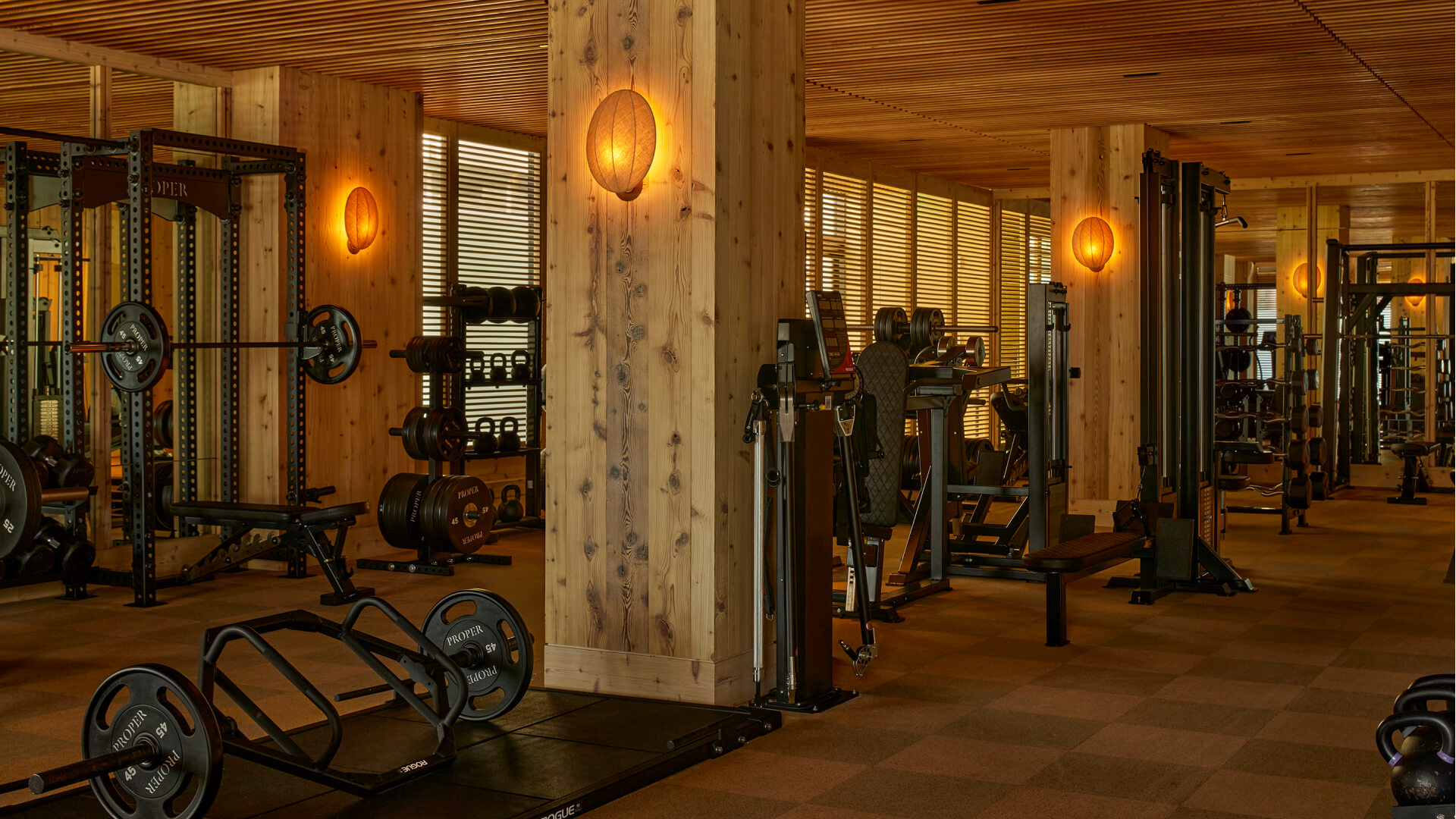 Luxury hotel gym with strength training equipment, warm wood interiors, and inviting wellness-focused ambiance.