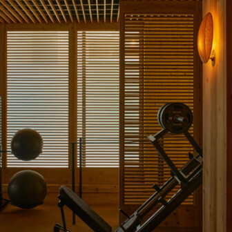 Dimly lit gym with two exercise balls, leg press machine, and wood panel walls with slatted windows.