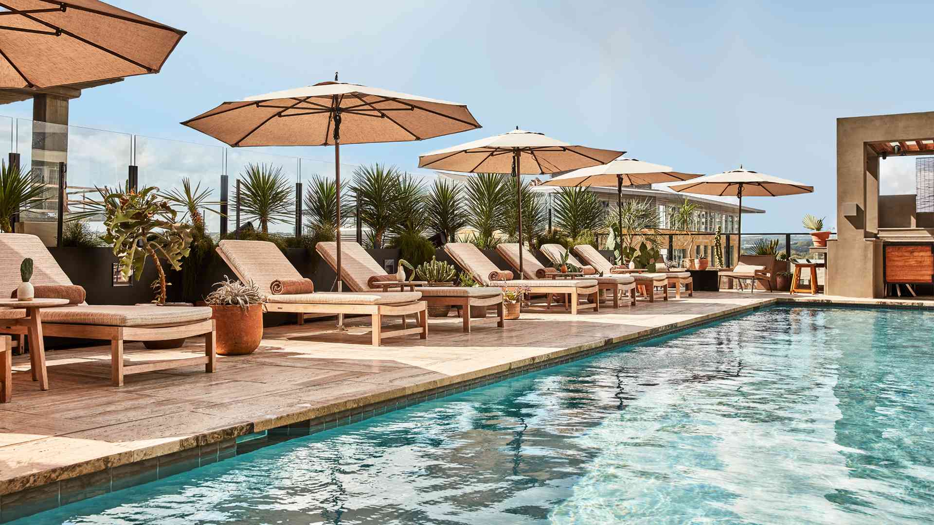 The fifth-floor pool deck, cushioned loungers and tan umbrellas along a travertine edge, with cacti in terracotta pots and the Austin skyline low on the horizon.