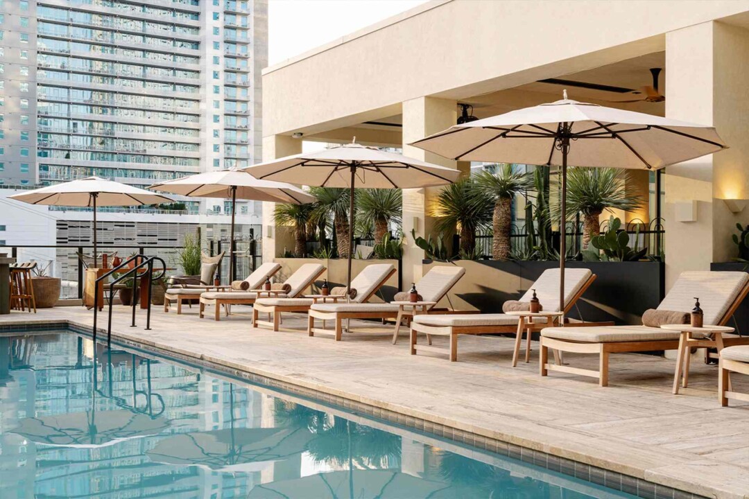 Rectangular pool with beige cushioned loungers, white umbrellas, and desert plants in urban outdoor setting.