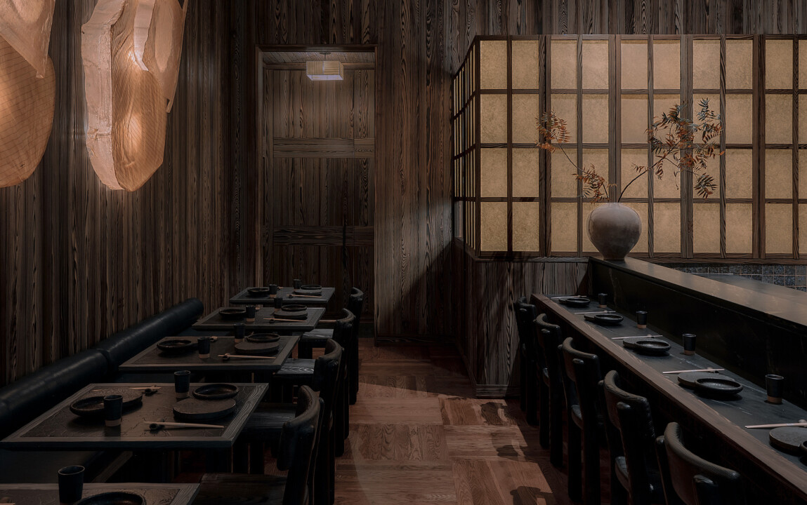 Intimate, wood-lined dining space with minimalist table settings and a serene, moody ambiance