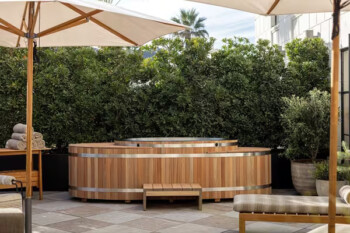 Outdoor hot tub with wood finish and private, greenery-lined setting.