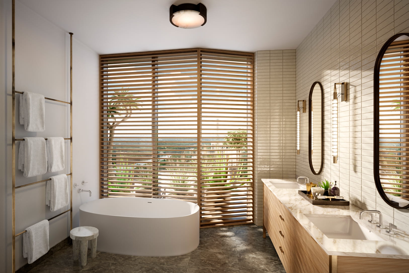 Austin Proper Residences bathroom with double vanity and bathtub