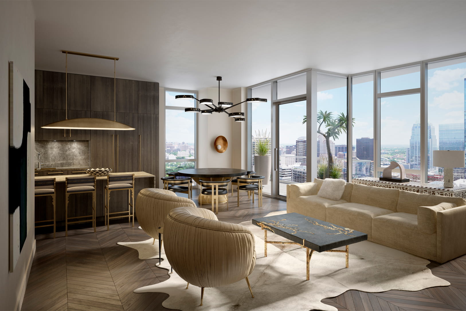 Austin Proper Residence with gourmet kitchen, living room, with outdoor terrace