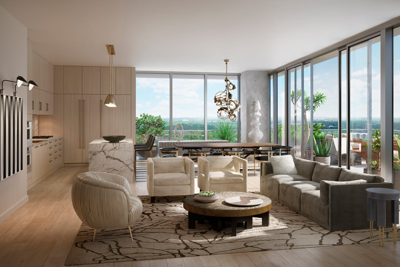 Modern open-plan living room and kitchen with floor-to-ceiling windows and balcony view