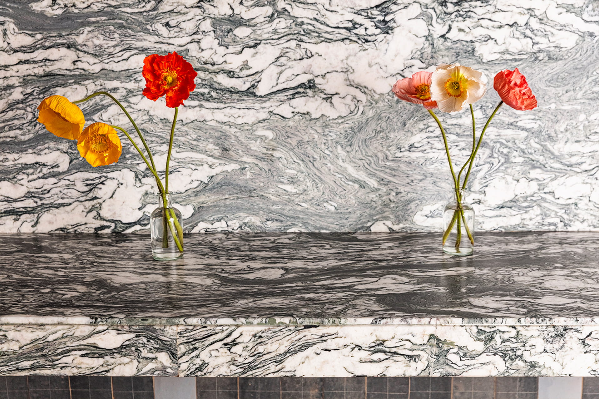 detail shot of two flower bouquets inside mockingbird
