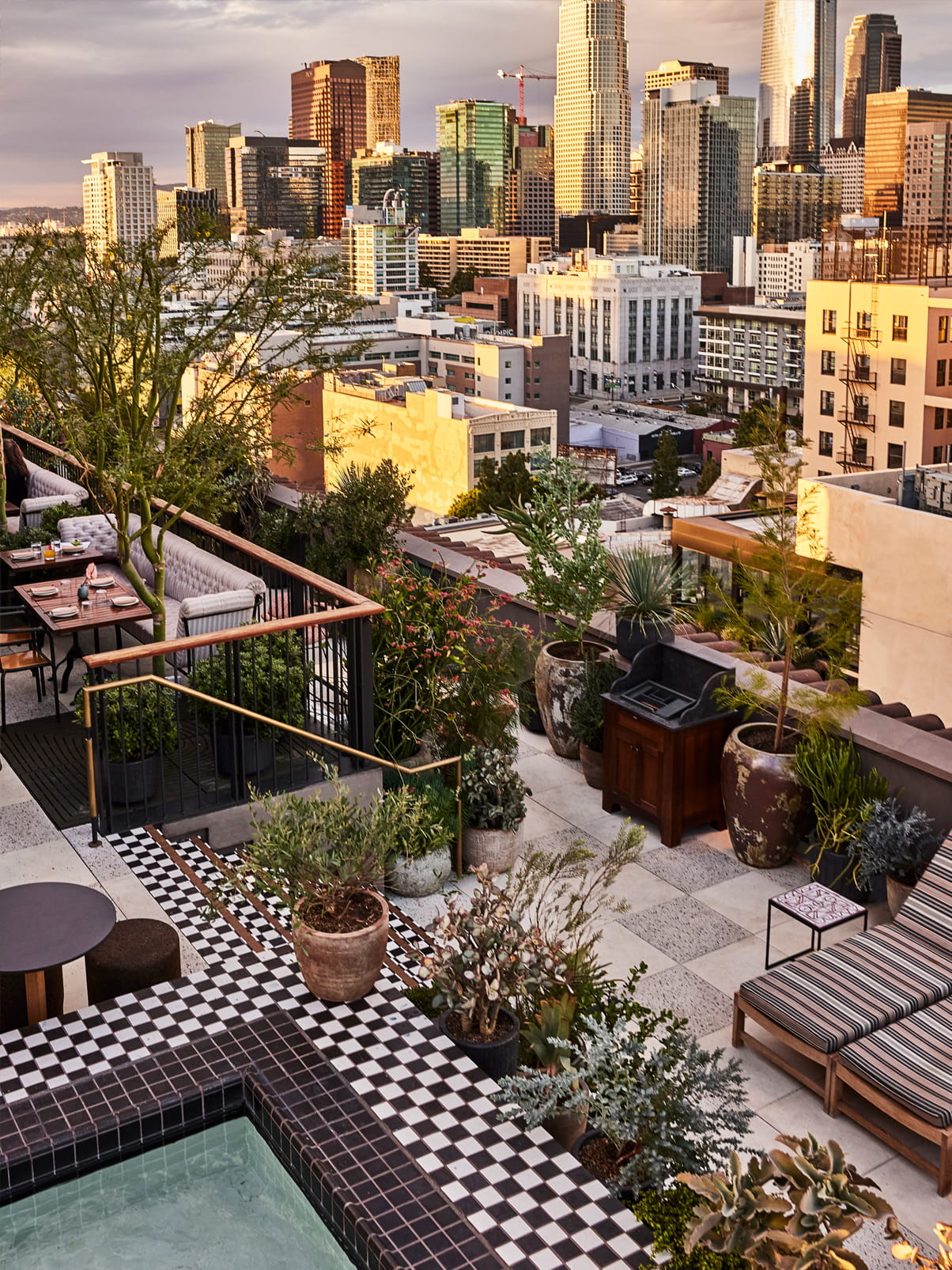 Downtown LA Proper Rooftop pool with view of city skyline