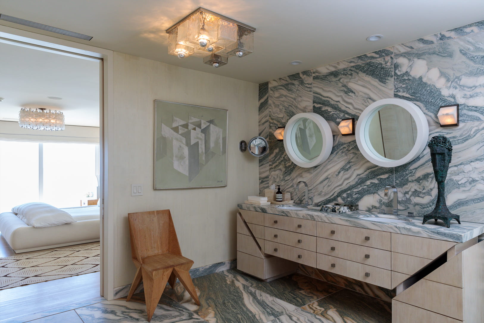 Malibu Beach House bathroom with double vanity and marble walls